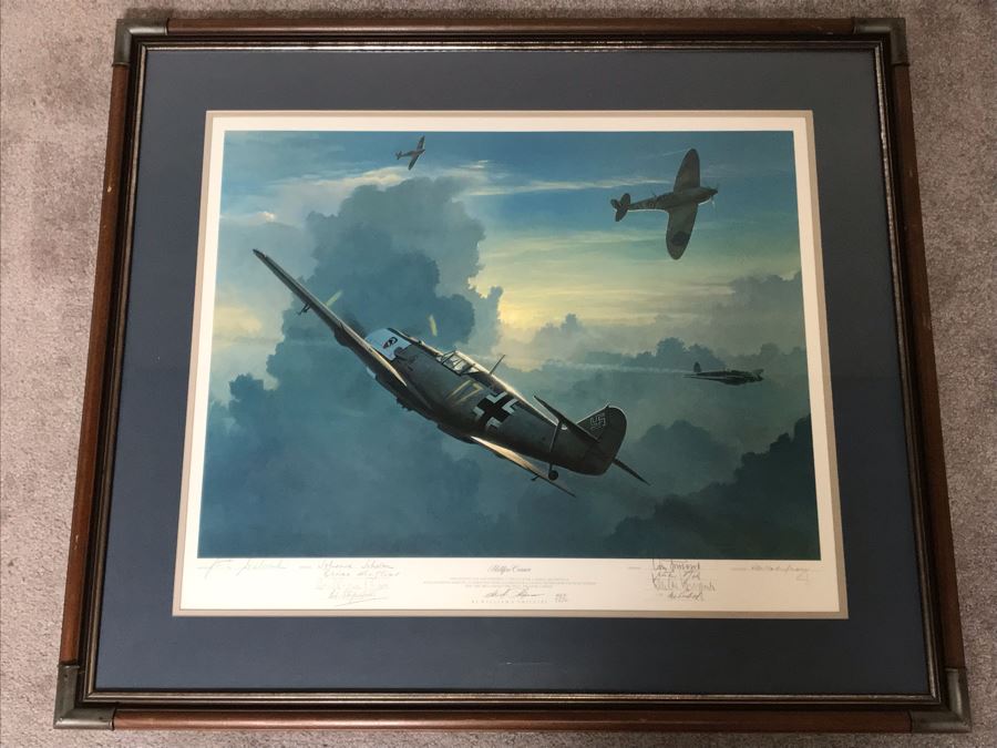 William S. Phillips Limited Edition Print Titled 'Hellfire Corner' Battle South Of London No. 942 Of 1250 Signed By Artist And Signed By Crew Members Including (1) American Signature, (4) British Signatures And (4) German Signatures 27 X 23 - See Photos