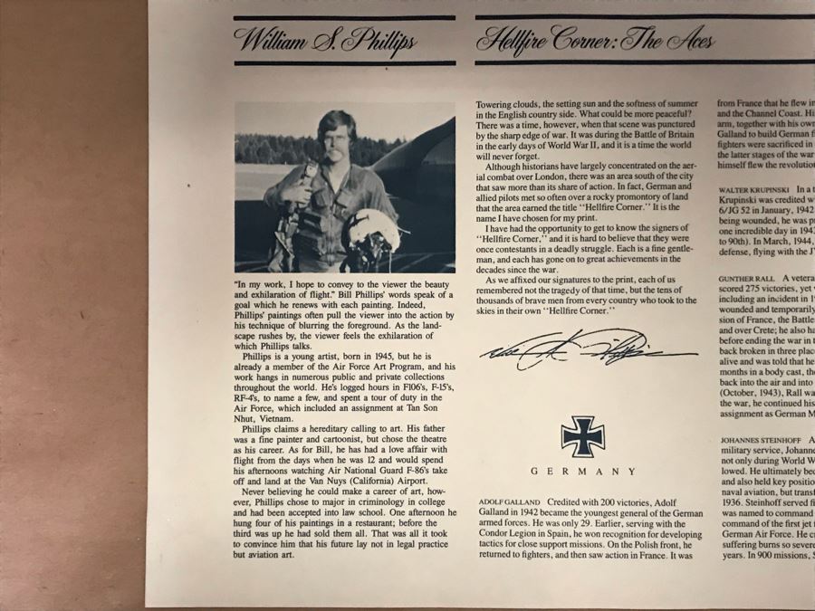 William S. Phillips Limited Edition Print Titled 'Hellfire Corner' Battle South Of London No. 942 Of 1250 Signed By Artist And Signed By Crew Members Including (1) American Signature, (4) British Signatures And (4) German Signatures 27 X 23 - See Photos [Photo 26]