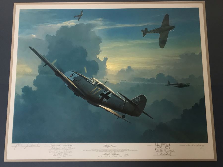 William S. Phillips Limited Edition Print Titled 'Hellfire Corner' Battle South Of London No. 942 Of 1250 Signed By Artist And Signed By Crew Members Including (1) American Signature, (4) British Signatures And (4) German Signatures 27 X 23 - See Photos [Photo 4]