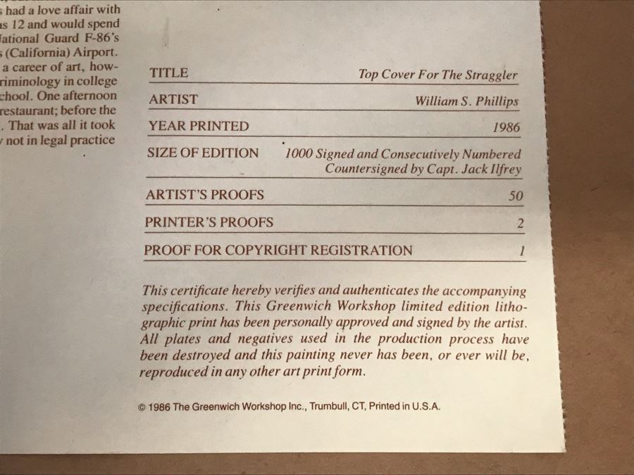 William S. Phillips Limited Edition Print Titled 'Top Cover For The Straggler' P-38 Lightning Piloted By Captain Jack Ilfrey Provides Fighter Support For B-17 Returning From Germany No. 207 Of 1000 Signed By Artist And Signed By Jack Ilfrey 28 X 16 [Photo 23]