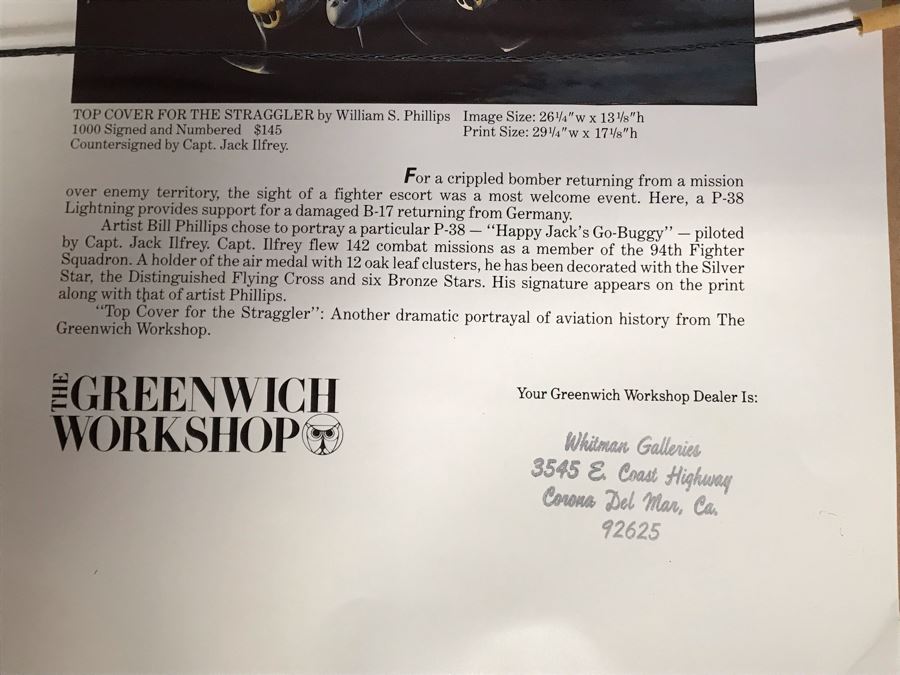 William S. Phillips Limited Edition Print Titled 'Top Cover For The Straggler' P-38 Lightning Piloted By Captain Jack Ilfrey Provides Fighter Support For B-17 Returning From Germany No. 207 Of 1000 Signed By Artist And Signed By Jack Ilfrey 28 X 16 [Photo 20]