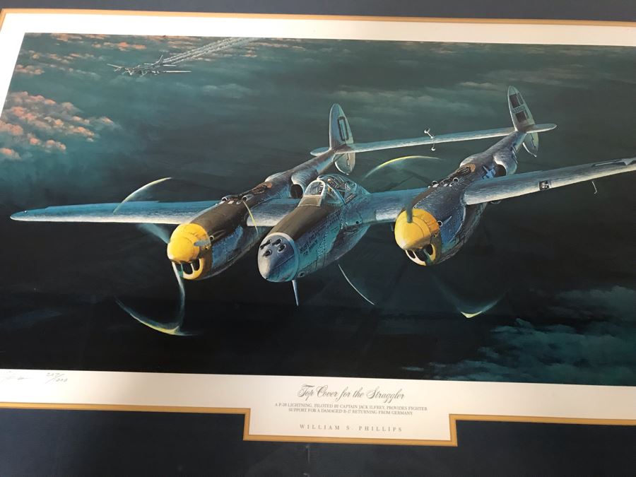 William S. Phillips Limited Edition Print Titled 'Top Cover For The Straggler' P-38 Lightning Piloted By Captain Jack Ilfrey Provides Fighter Support For B-17 Returning From Germany No. 207 Of 1000 Signed By Artist And Signed By Jack Ilfrey 28 X 16 [Photo 7]