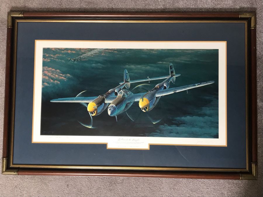 William S. Phillips Limited Edition Print Titled 'Top Cover For The Straggler' P-38 Lightning Piloted By Captain Jack Ilfrey Provides Fighter Support For B-17 Returning From Germany No. 207 Of 1000 Signed By Artist And Signed By Jack Ilfrey 28 X 16