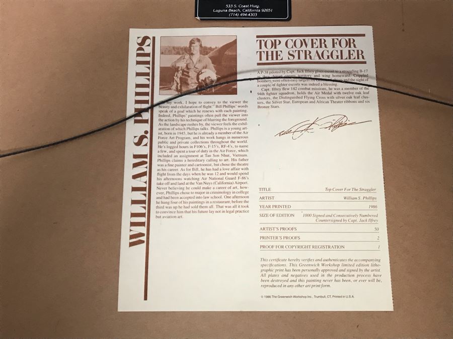 William S. Phillips Limited Edition Print Titled 'Top Cover For The Straggler' P-38 Lightning Piloted By Captain Jack Ilfrey Provides Fighter Support For B-17 Returning From Germany No. 207 Of 1000 Signed By Artist And Signed By Jack Ilfrey 28 X 16 [Photo 21]