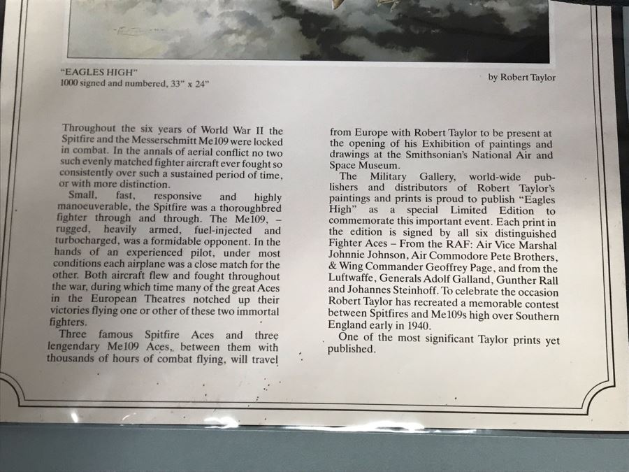 Robert Taylor L.E. Print Titled 'Eagles High' No. 189 Of 1000 Signed By Artist And Signed By Six Famous Fighter Pilots RAF: Johnnie Johnson, Pete Brothers, Geoffrey Page - Luftwaffe: Adolf Galland, Gunther Rall, Johannes Steinhoff 33 X 24 - See Photos [Photo 27]