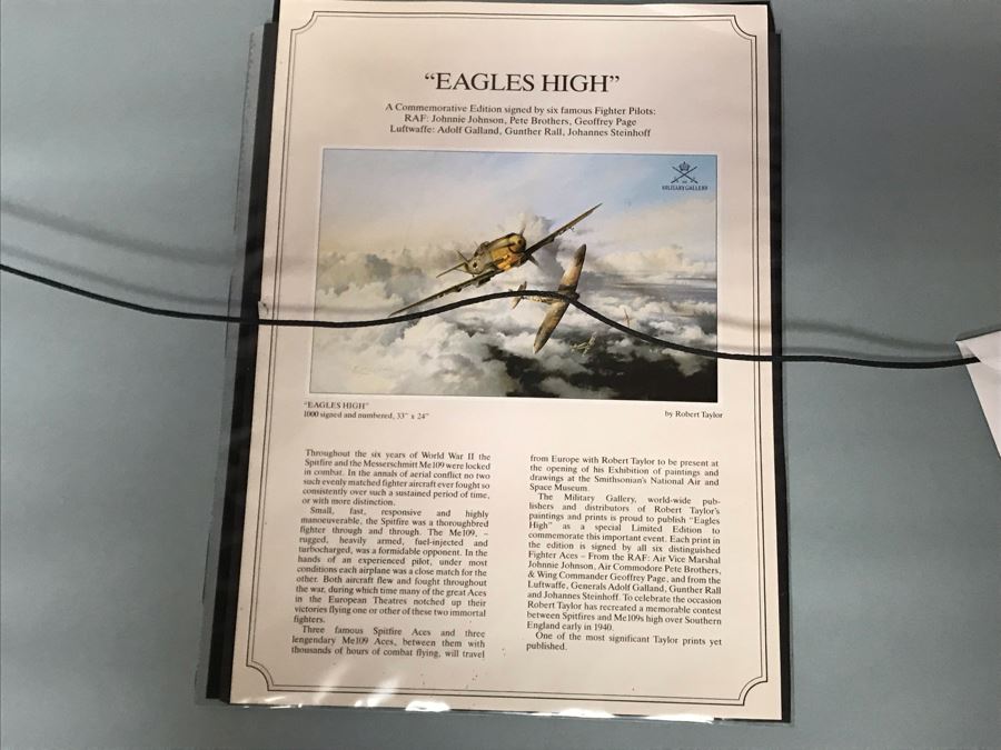 Robert Taylor L.E. Print Titled 'Eagles High' No. 189 Of 1000 Signed By Artist And Signed By Six Famous Fighter Pilots RAF: Johnnie Johnson, Pete Brothers, Geoffrey Page - Luftwaffe: Adolf Galland, Gunther Rall, Johannes Steinhoff 33 X 24 - See Photos [Photo 25]