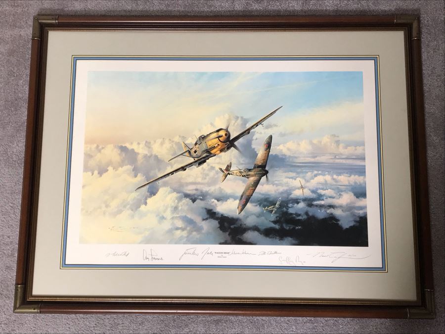 Robert Taylor L.E. Print Titled 'Eagles High' No. 189 Of 1000 Signed By Artist And Signed By Six Famous Fighter Pilots RAF: Johnnie Johnson, Pete Brothers, Geoffrey Page - Luftwaffe: Adolf Galland, Gunther Rall, Johannes Steinhoff 33 X 24 - See Photos [Photo 1]