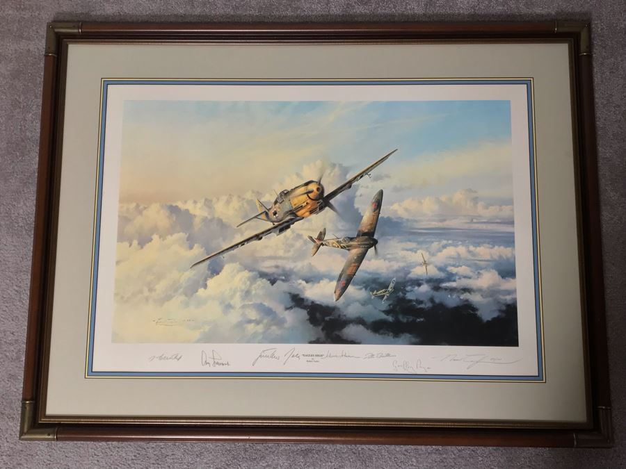 Robert Taylor L.E. Print Titled 'Eagles High' No. 189 Of 1000 Signed By Artist And Signed By Six Famous Fighter Pilots RAF: Johnnie Johnson, Pete Brothers, Geoffrey Page - Luftwaffe: Adolf Galland, Gunther Rall, Johannes Steinhoff 33 X 24 - See Photos [Photo 2]