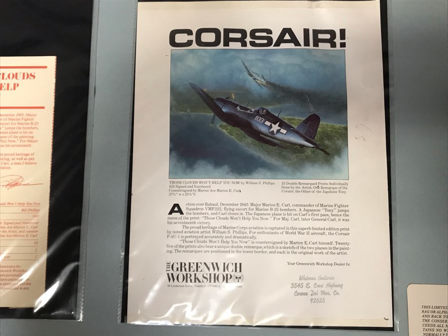 William S. Phillips Limited Edition Print Titled 'Those Clouds Won't Help You Now' No. 217 Of 650 Corsair Plane Signed By Artist And Signed By Marine Fighter Major Marion E. Carl 26 X 21 [Photo 15]