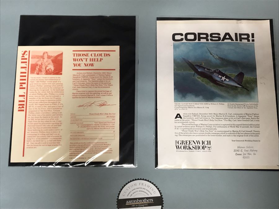 William S. Phillips Limited Edition Print Titled 'Those Clouds Won't Help You Now' No. 217 Of 650 Corsair Plane Signed By Artist And Signed By Marine Fighter Major Marion E. Carl 26 X 21 [Photo 14]