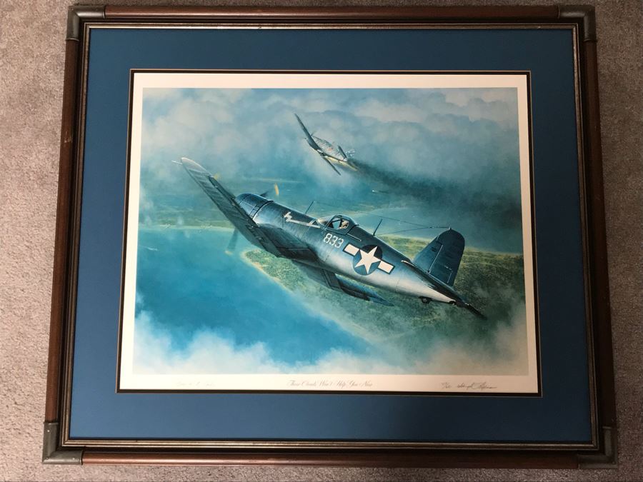 William S. Phillips Limited Edition Print Titled 'Those Clouds Won't Help You Now' No. 217 Of 650 Corsair Plane Signed By Artist And Signed By Marine Fighter Major Marion E. Carl 26 X 21 [Photo 1]