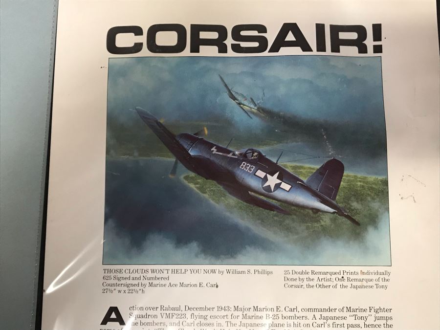William S. Phillips Limited Edition Print Titled 'Those Clouds Won't Help You Now' No. 217 Of 650 Corsair Plane Signed By Artist And Signed By Marine Fighter Major Marion E. Carl 26 X 21 [Photo 16]