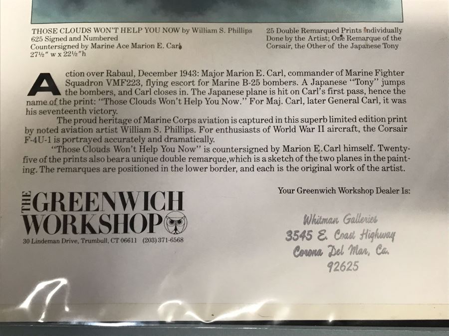 William S. Phillips Limited Edition Print Titled 'Those Clouds Won't Help You Now' No. 217 Of 650 Corsair Plane Signed By Artist And Signed By Marine Fighter Major Marion E. Carl 26 X 21 [Photo 18]