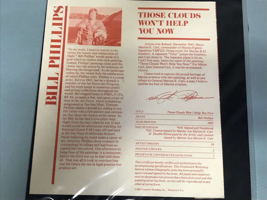 William S. Phillips Limited Edition Print Titled 'Those Clouds Won't Help You Now' No. 217 Of 650 Corsair Plane Signed By Artist And Signed By Marine Fighter Major Marion E. Carl 26 X 21 [Photo 19]