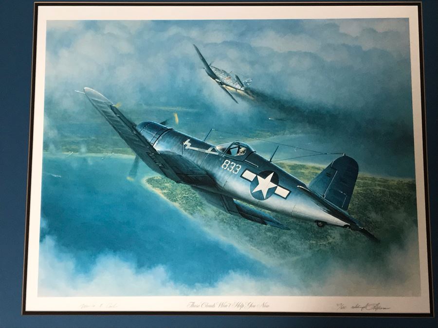 William S. Phillips Limited Edition Print Titled 'Those Clouds Won't Help You Now' No. 217 Of 650 Corsair Plane Signed By Artist And Signed By Marine Fighter Major Marion E. Carl 26 X 21 [Photo 3]