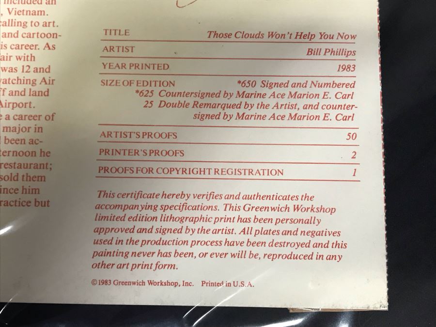 William S. Phillips Limited Edition Print Titled 'Those Clouds Won't Help You Now' No. 217 Of 650 Corsair Plane Signed By Artist And Signed By Marine Fighter Major Marion E. Carl 26 X 21 [Photo 21]