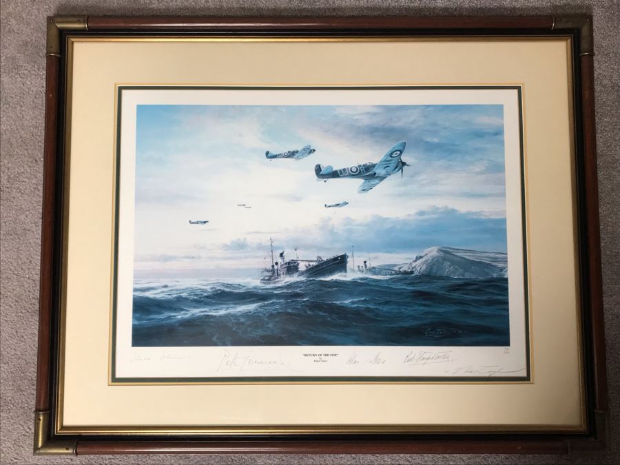 Robert Taylor Limited Edition Print Titled 'Return Of The Few' No. 712 Of 1000 Corsair Plane Signed By Artist And Signed By WWII Fighter Pilots: Alan Deere, Johnnie Johnson, Bob Stanford-Tuck, Peter Townsend 23.5 X 17.5 [Photo 1]
