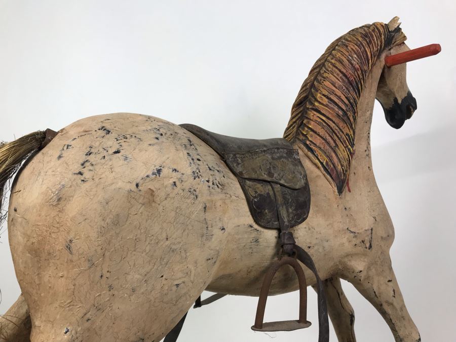 Antique Hand Painted Carved Wooden Rocking Horse 32W X 11D X 24H [Photo 13]