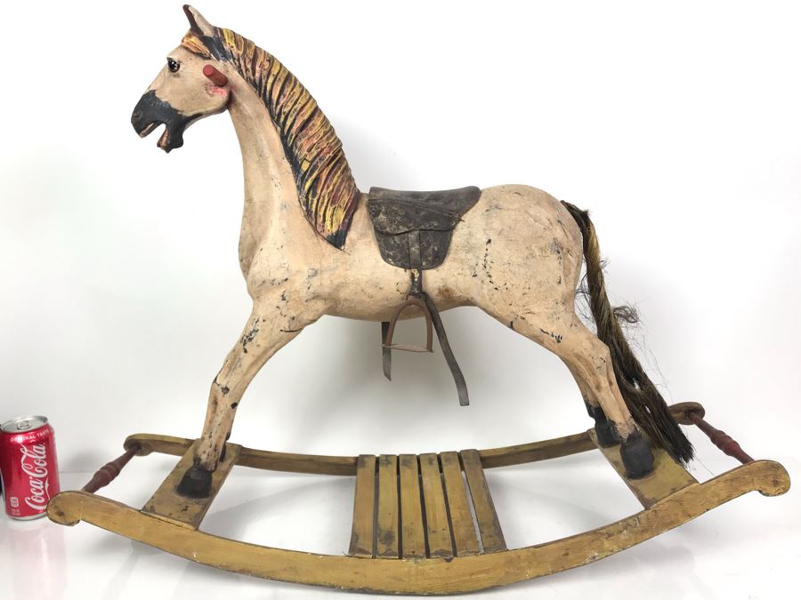 Antique Hand Painted Carved Wooden Rocking Horse 32W X 11D X 24H