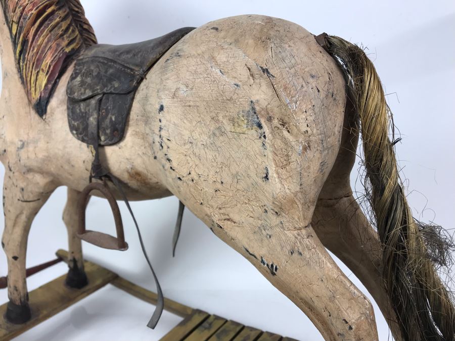 Antique Hand Painted Carved Wooden Rocking Horse 32W X 11D X 24H [Photo 9]