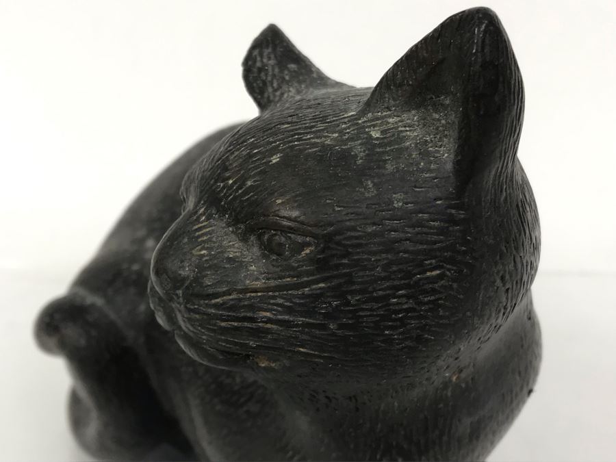 Solid Bronze Cat Sculpture - No Signature Found 6.5W X 4D X 5H [Photo 6]