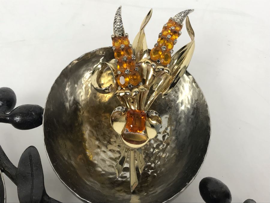 Metal Tree Motif Bowls With Various Costume Jewelry Including Mazer Brooch - See Photos [Photo 2]