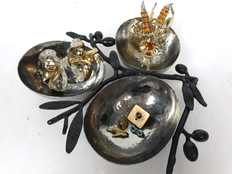 Metal Tree Motif Bowls With Various Costume Jewelry Including Mazer Brooch - See Photos [Photo 1]