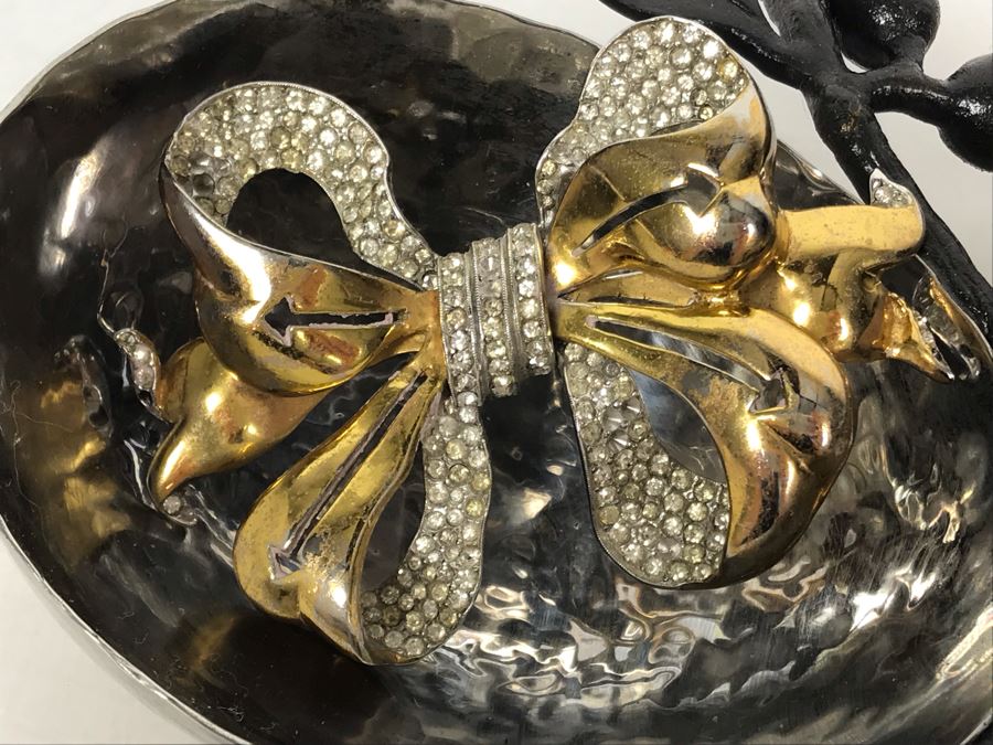 Metal Tree Motif Bowls With Various Costume Jewelry Including Mazer Brooch - See Photos [Photo 5]