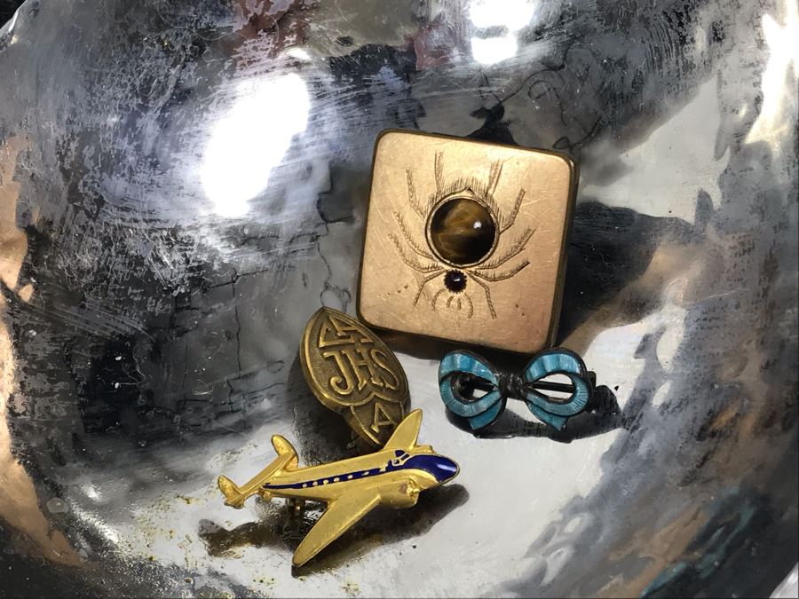 Metal Tree Motif Bowls With Various Costume Jewelry Including Mazer Brooch - See Photos [Photo 6]