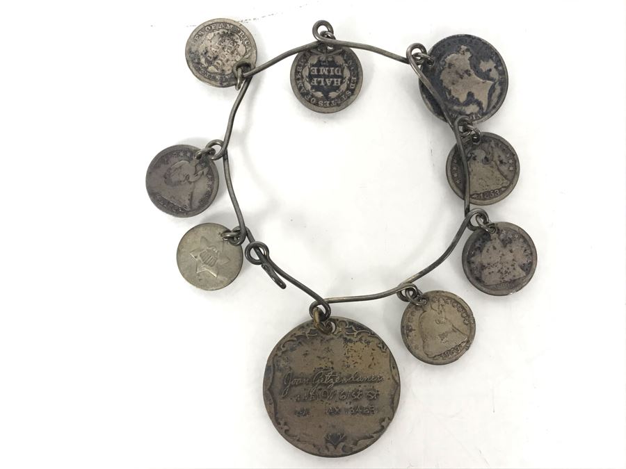 Vintage Silver Bracelet With Charm And Various Old Silver Coins 17.7g [Photo 1]