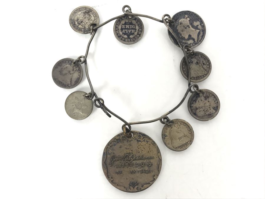 Vintage Silver Bracelet With Charm And Various Old Silver Coins 17.7g [Photo 2]