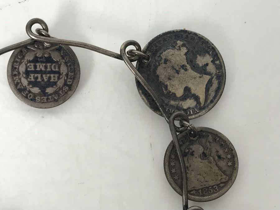 Vintage Silver Bracelet With Charm And Various Old Silver Coins 17.7g [Photo 5]
