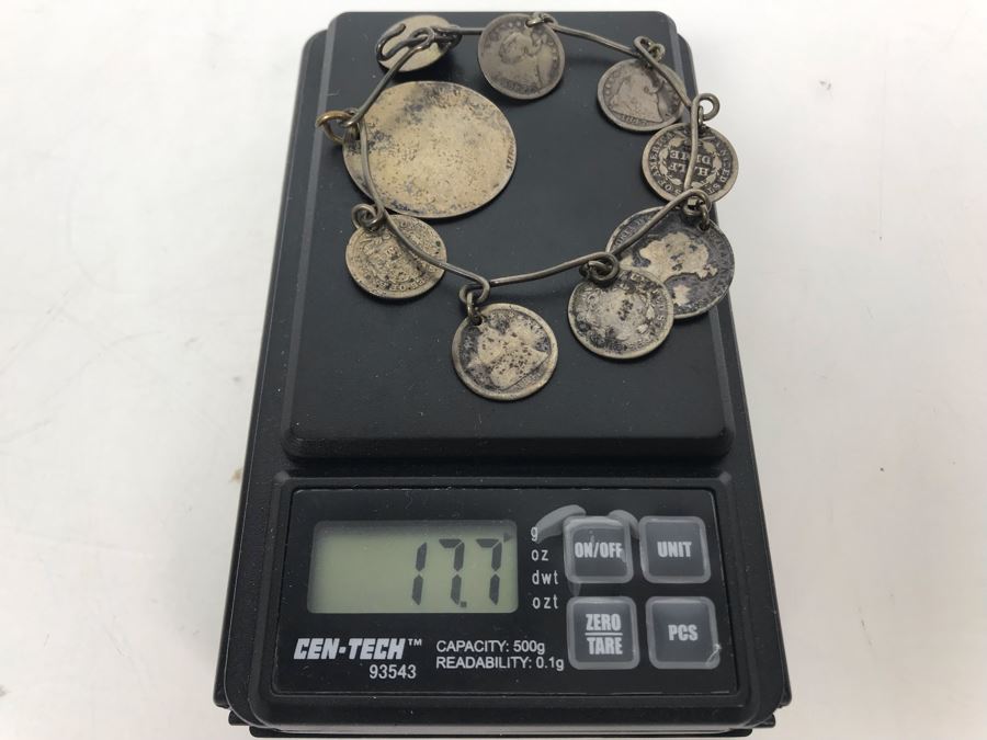 Vintage Silver Bracelet With Charm And Various Old Silver Coins 17.7g [Photo 11]