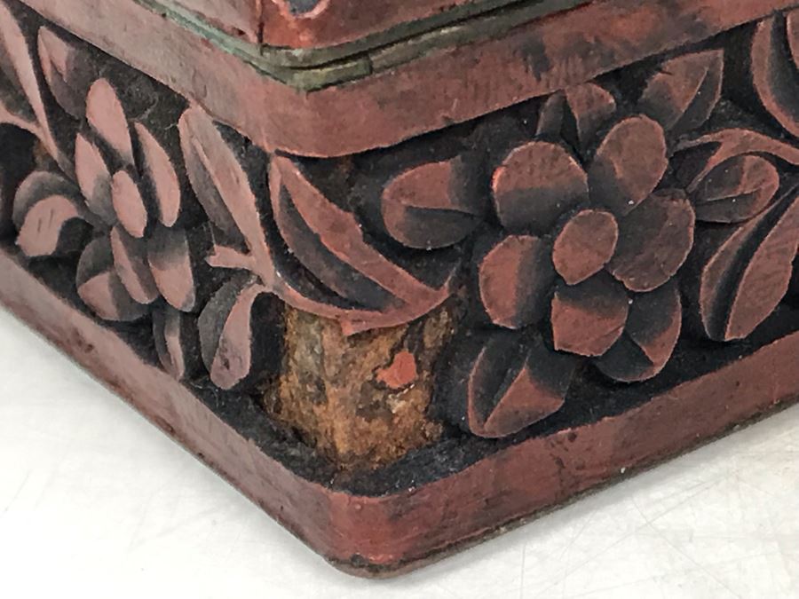 Signed Antique Carved Chinese Cinnabar Box (Some Minor Damage To One Corner - See Photos) 5.5W X 4D X 2H [Photo 12]