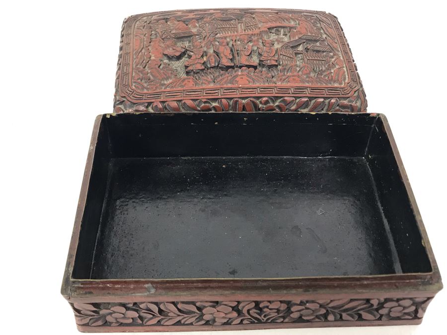 Signed Antique Carved Chinese Cinnabar Box (Some Minor Damage To One ...