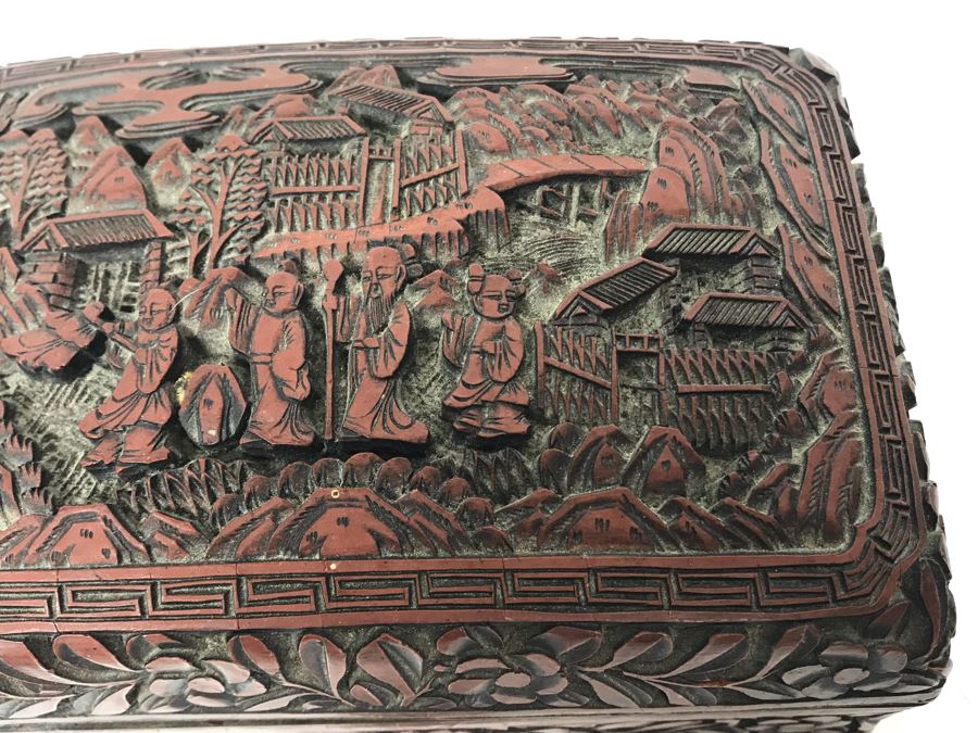 Signed Antique Carved Chinese Cinnabar Box (Some Minor Damage To One Corner - See Photos) 5.5W X 4D X 2H [Photo 6]