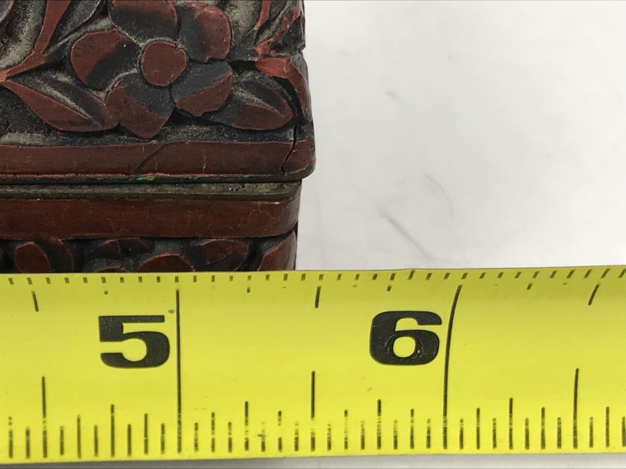 Signed Antique Carved Chinese Cinnabar Box (Some Minor Damage To One Corner - See Photos) 5.5W X 4D X 2H [Photo 16]
