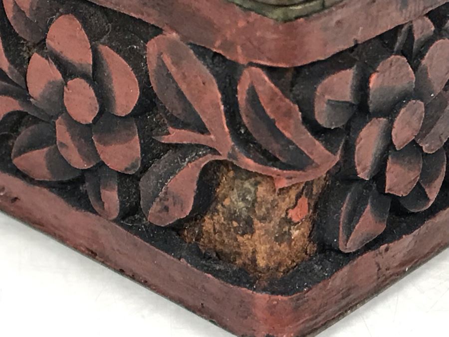 Signed Antique Carved Chinese Cinnabar Box (Some Minor Damage To One Corner - See Photos) 5.5W X 4D X 2H [Photo 11]