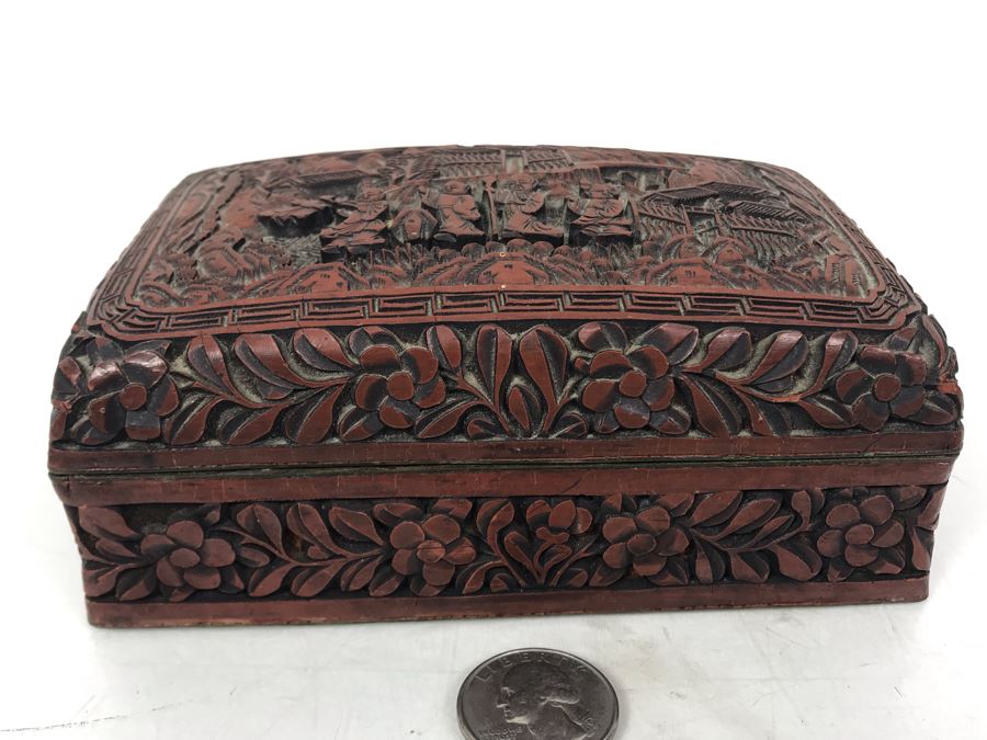 Signed Antique Carved Chinese Cinnabar Box (Some Minor Damage To One Corner - See Photos) 5.5W X 4D X 2H [Photo 7]