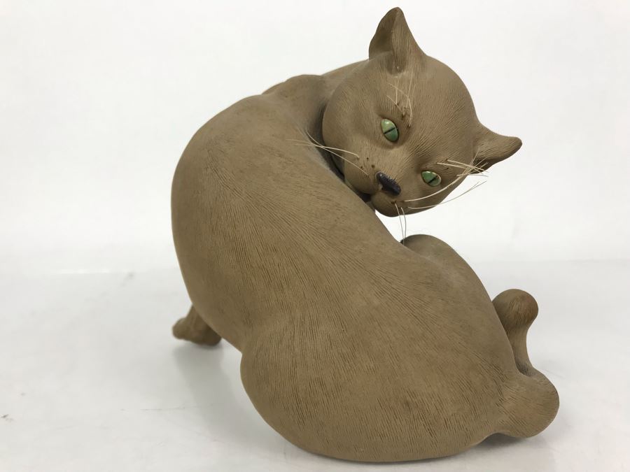 Signed Chinese Chinese Mudman Cat Figurine Sculpture 6W X 6D X 6H