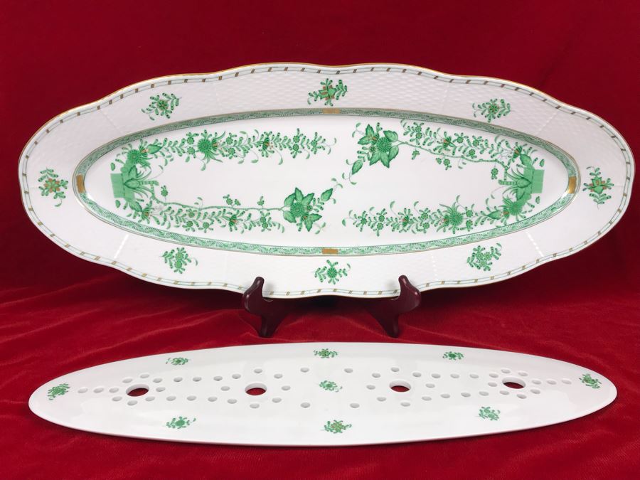Herend Hungary Hand Painted Fish Serving Platter Strainer Chinese Bouquet Green (AV) Length 24.5L Retails $1,300