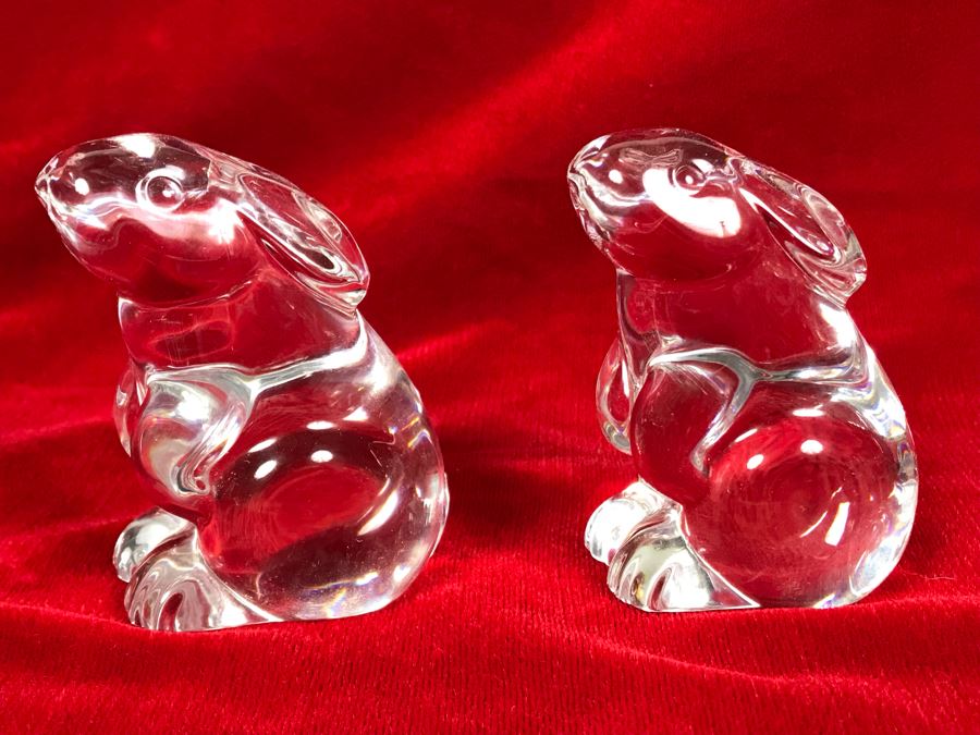 Pair Of Baccarat France Crystal Rabbit Figurines 3H [Photo 1]