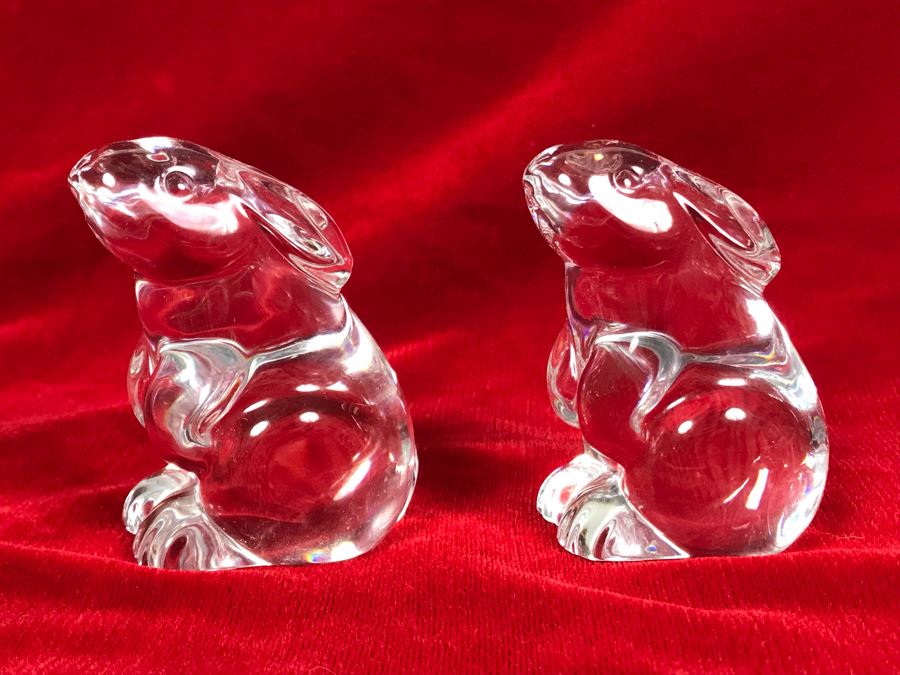 Pair Of Baccarat France Crystal Rabbit Figurines 3H [Photo 2]