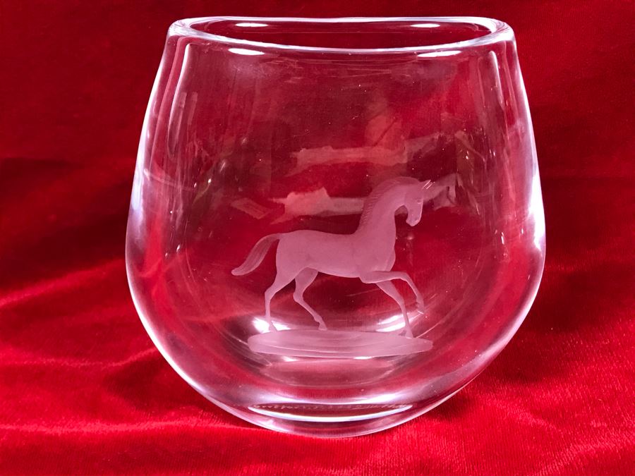 Signed Swedish Orrefors Crystal Vase With Etched Horse 6W X 5.5H