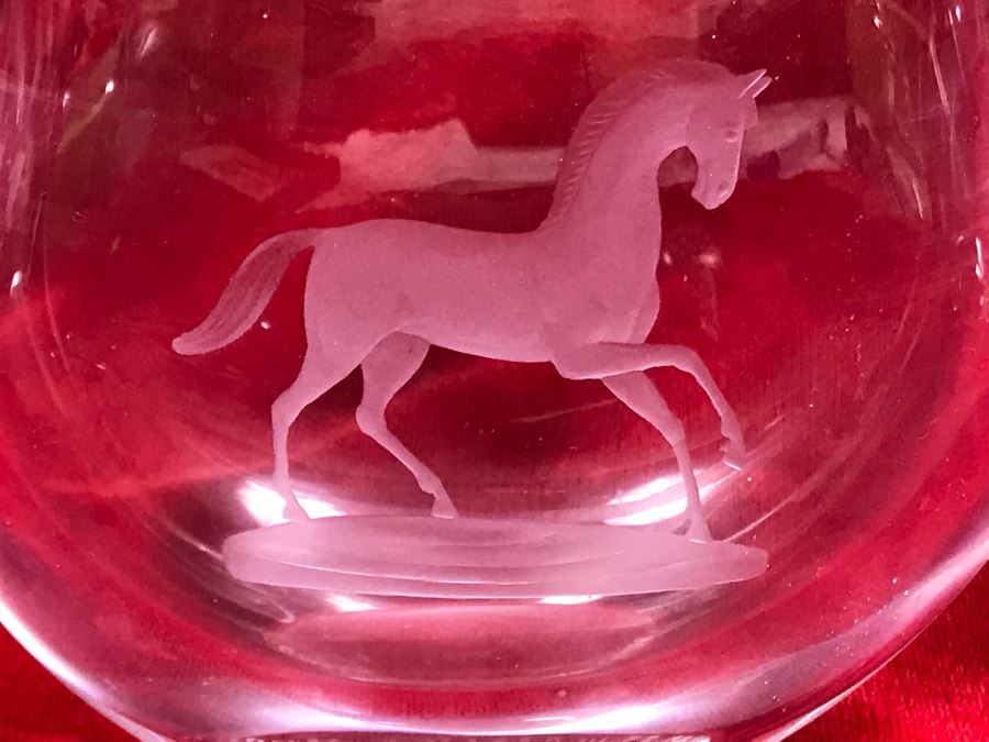 Signed Swedish Orrefors Crystal Vase With Etched Horse 6W X 5.5H [Photo 3]