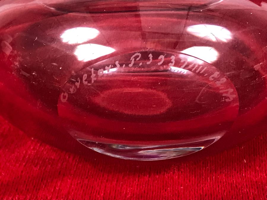 Signed Swedish Orrefors Crystal Vase With Etched Horse 6W X 5.5H [Photo 4]