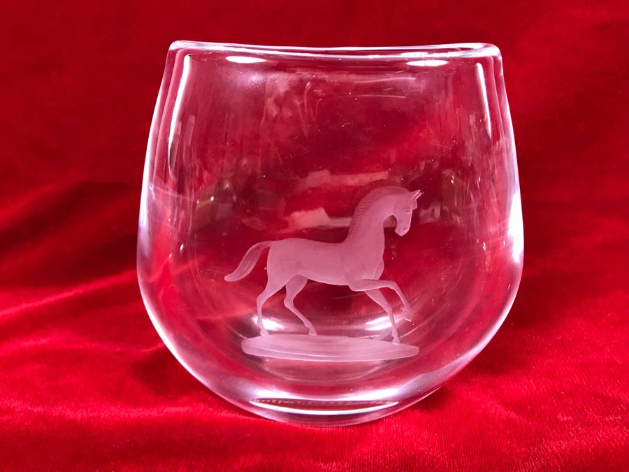 Signed Swedish Orrefors Crystal Vase With Etched Horse 6W X 5.5H [Photo 2]