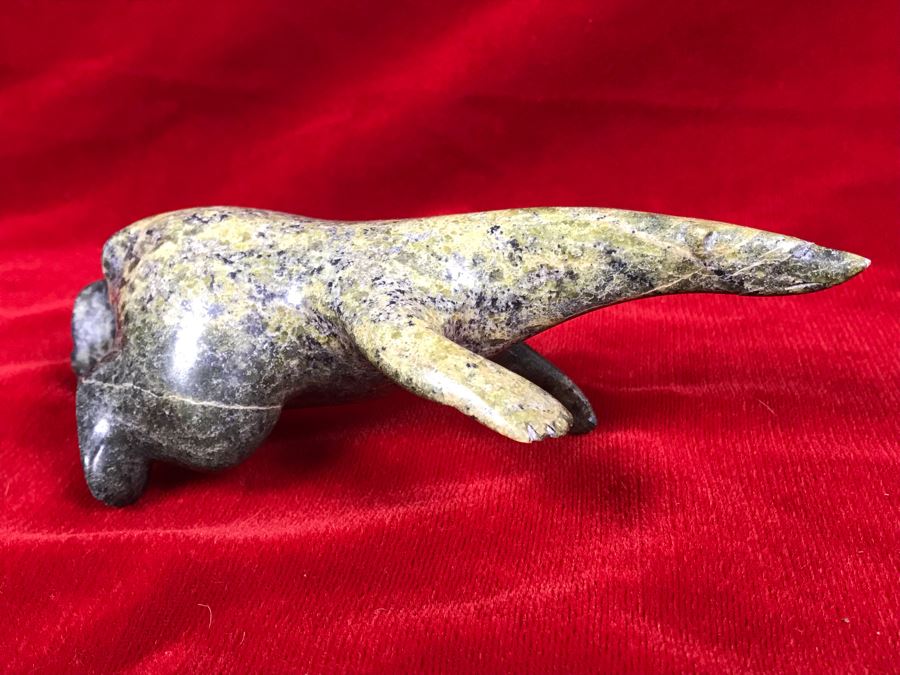 Signed Carved Pacific Northwest Green Stone Polar Bear Sculpture 6.5W