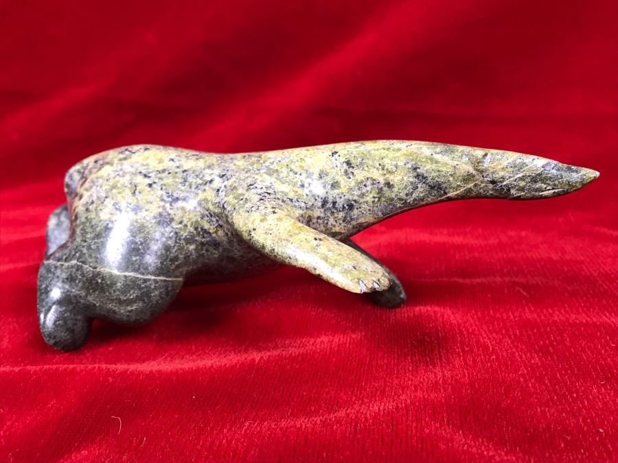 Signed Carved Pacific Northwest Green Stone Polar Bear Sculpture 6.5W [Photo 2]