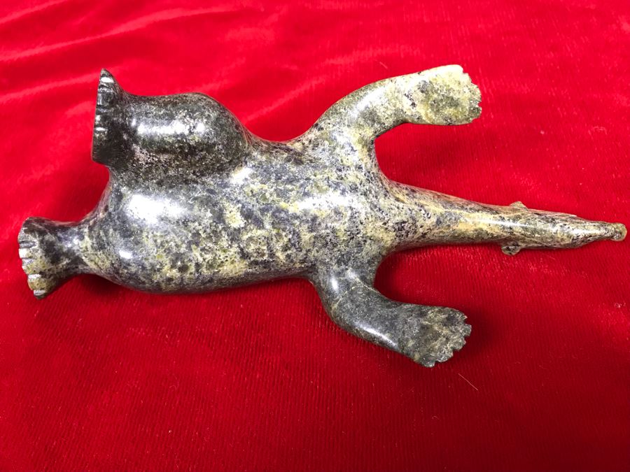 Signed Carved Pacific Northwest Green Stone Polar Bear Sculpture 6.5W [Photo 7]